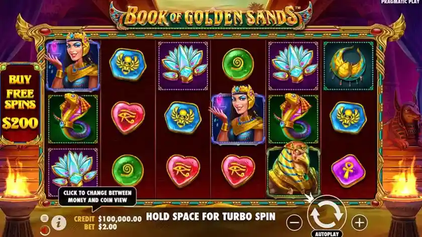 Bonus feature activated in Book of Golden Sands slot with expandable reels